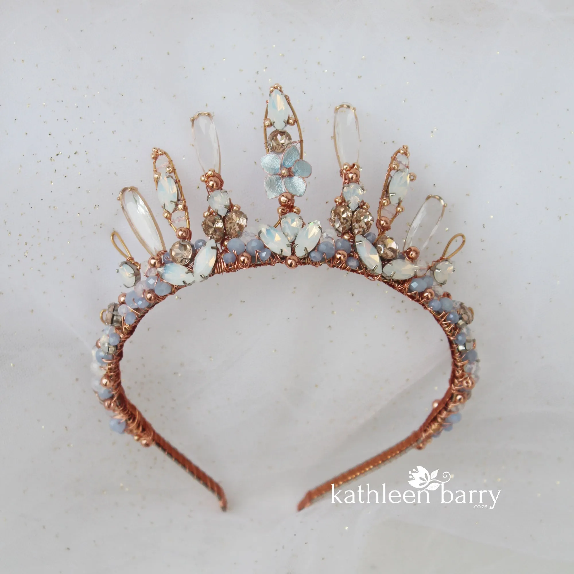 Paige Tiara style bridal crown rose gold and pale opal blue - wedding hair accessories - custom colors to order
