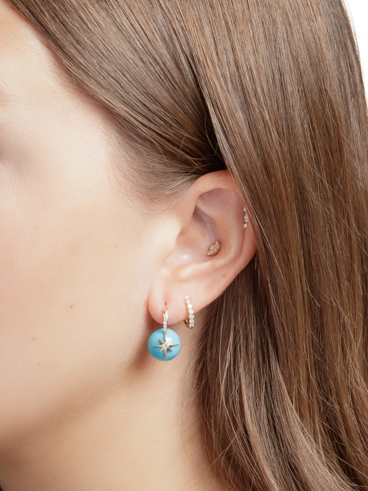 Pavé Diamond Starburst Turquoise Bead Yellow Gold Earrings
