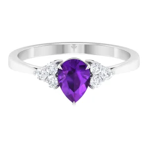Pear Amethyst Solitaire Ring with Diamond Trio