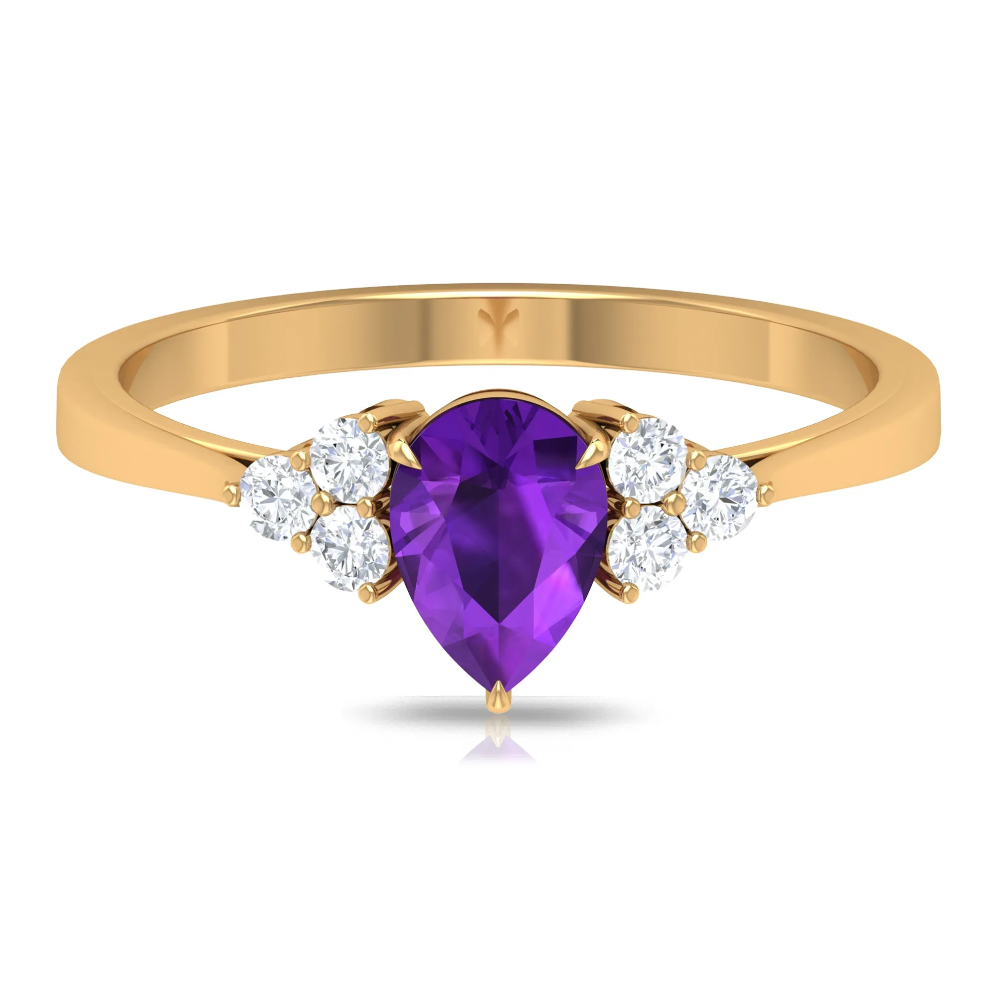 Pear Amethyst Solitaire Ring with Diamond Trio