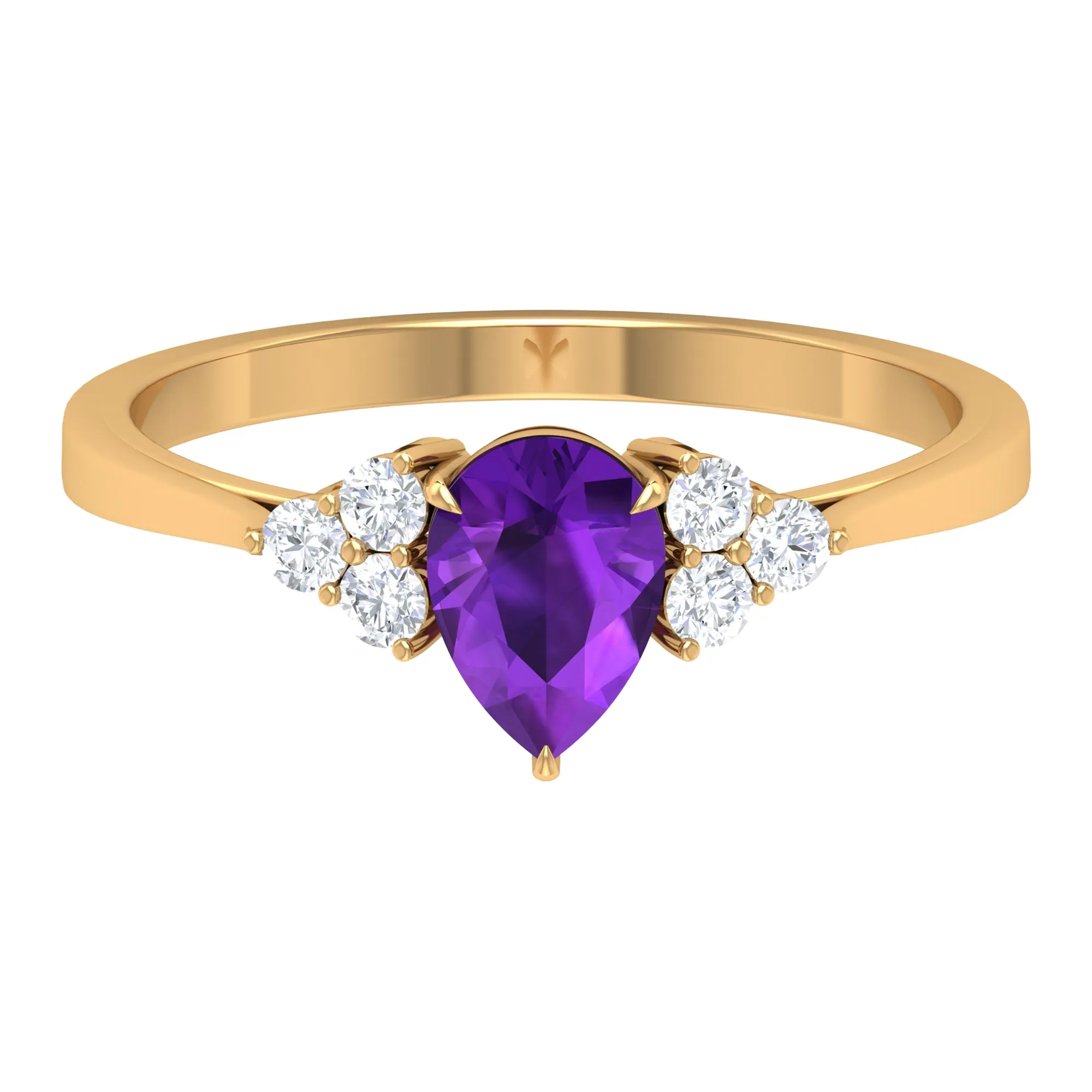 Pear Amethyst Solitaire Ring with Diamond Trio