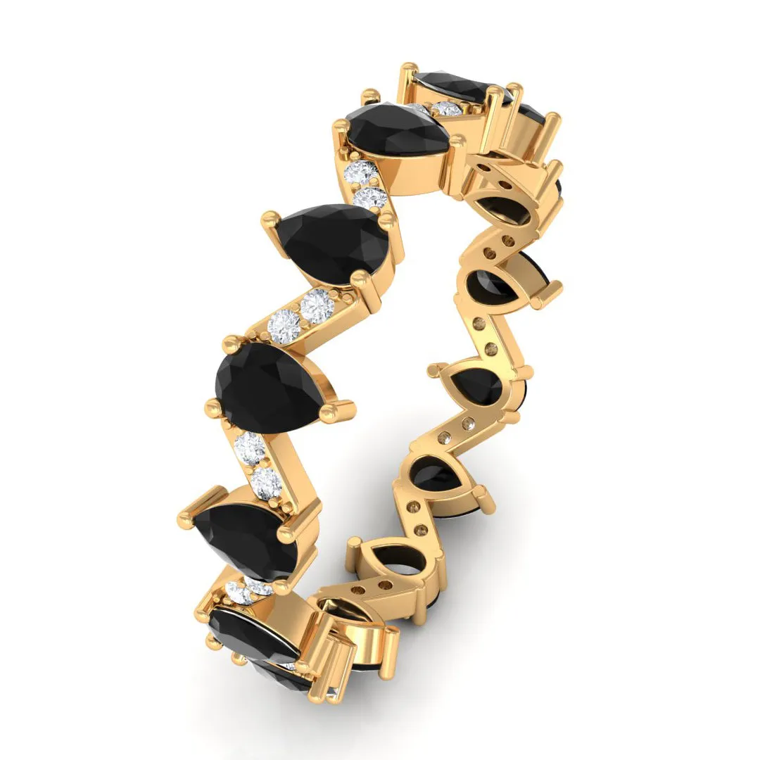 Pear Cut Black Onyx and Diamond Zig Zag Eternity Ring