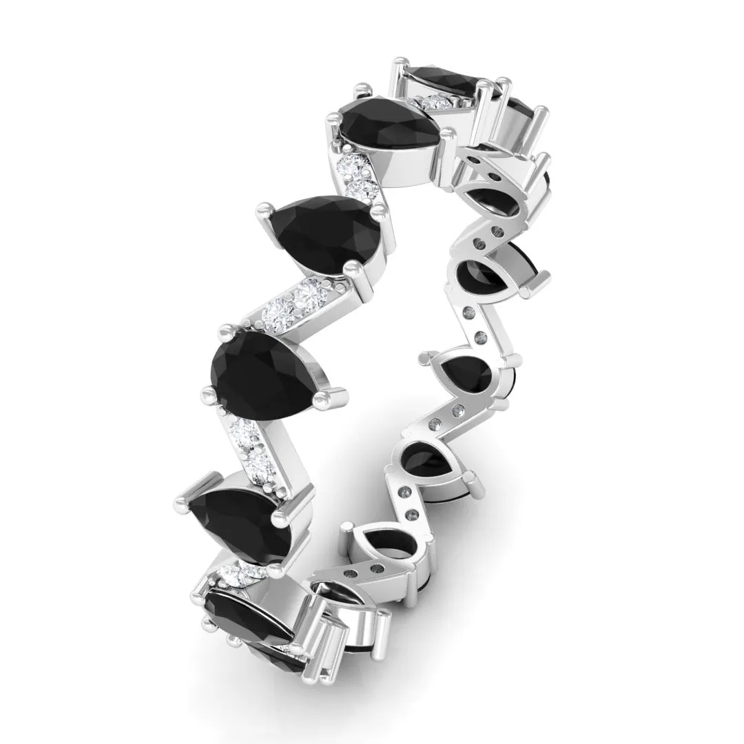 Pear Cut Black Onyx and Diamond Zig Zag Eternity Ring