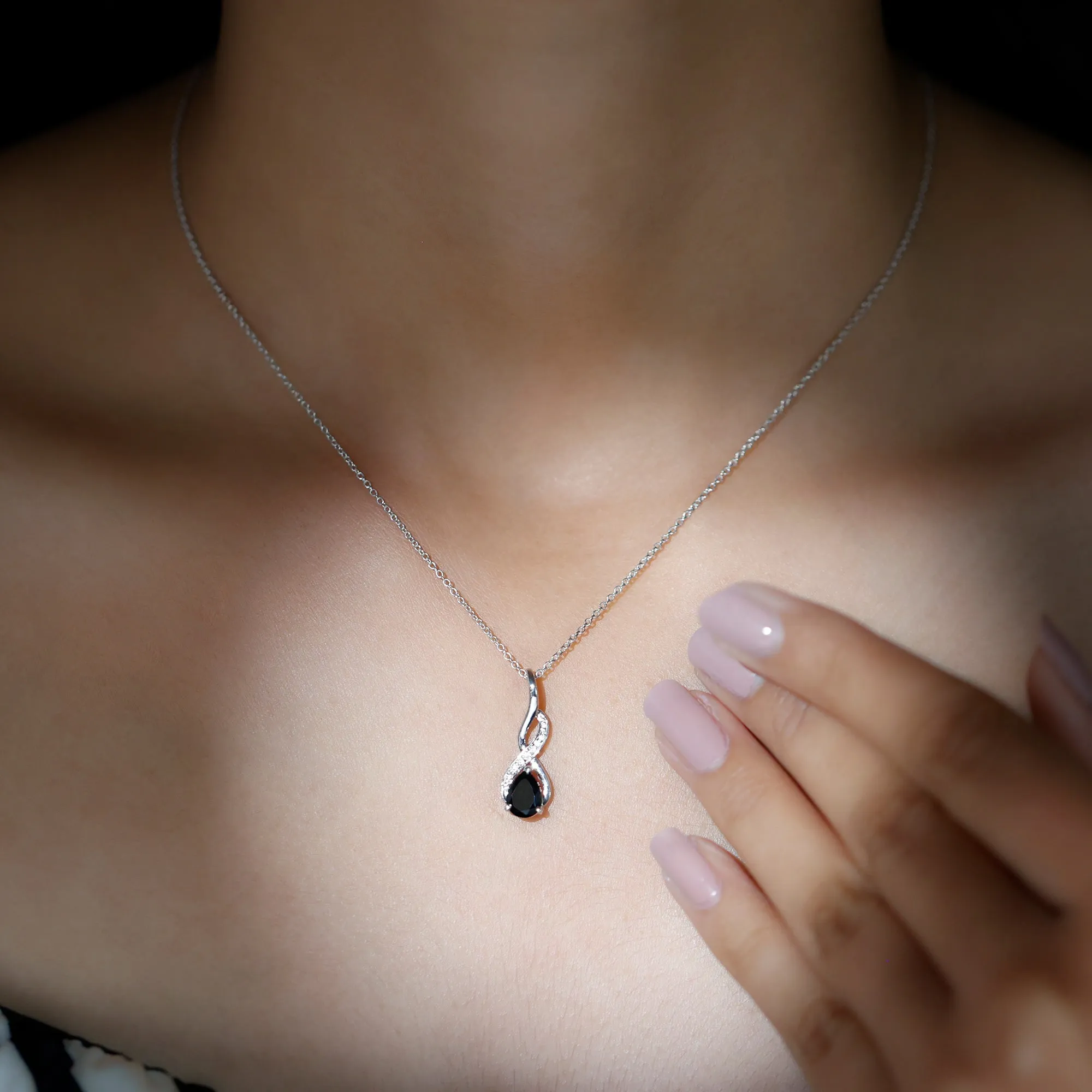 Pear Shape Black Onyx Infinity Pendant Necklace with Moissanite Accent