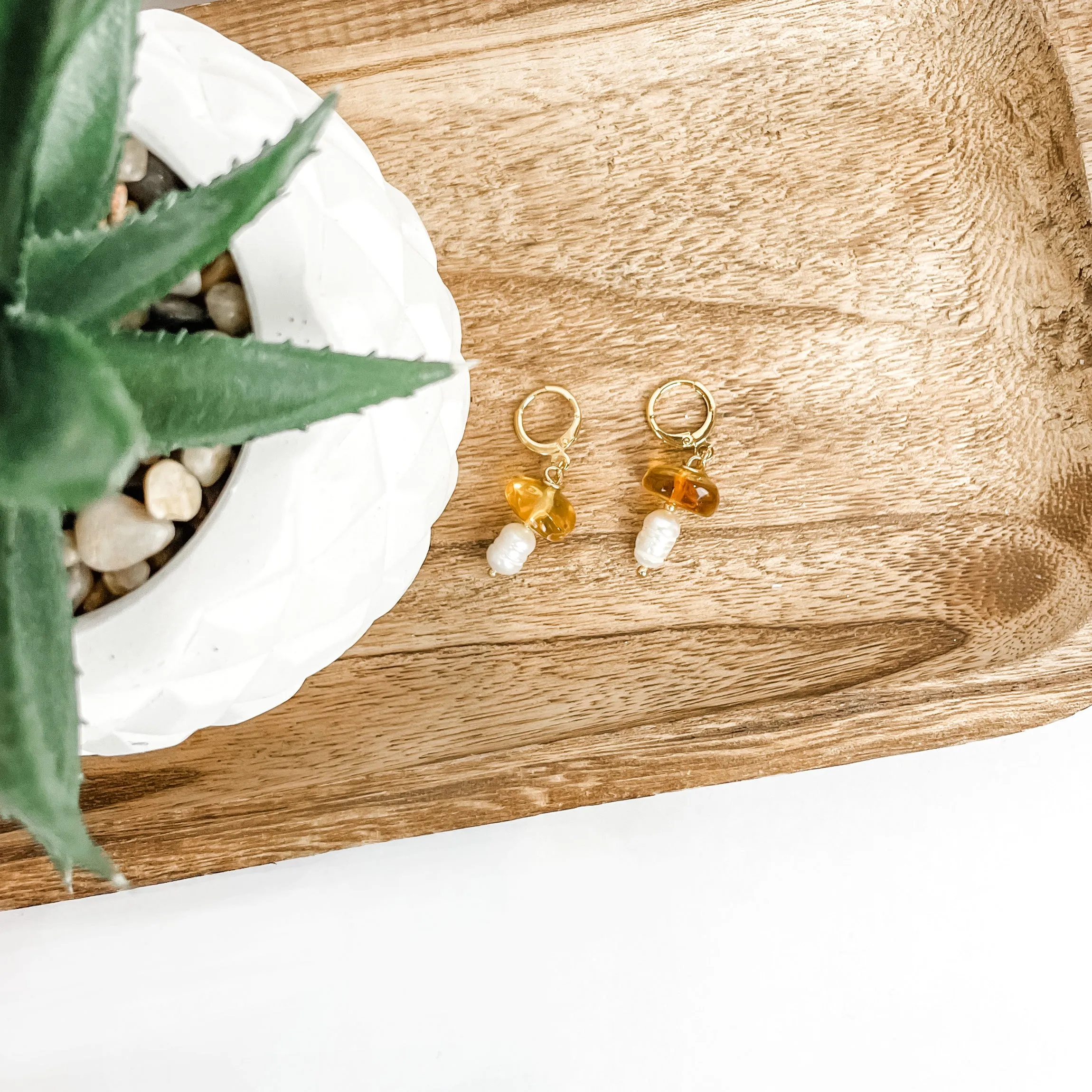 Pearl and Amber Drop Earrings