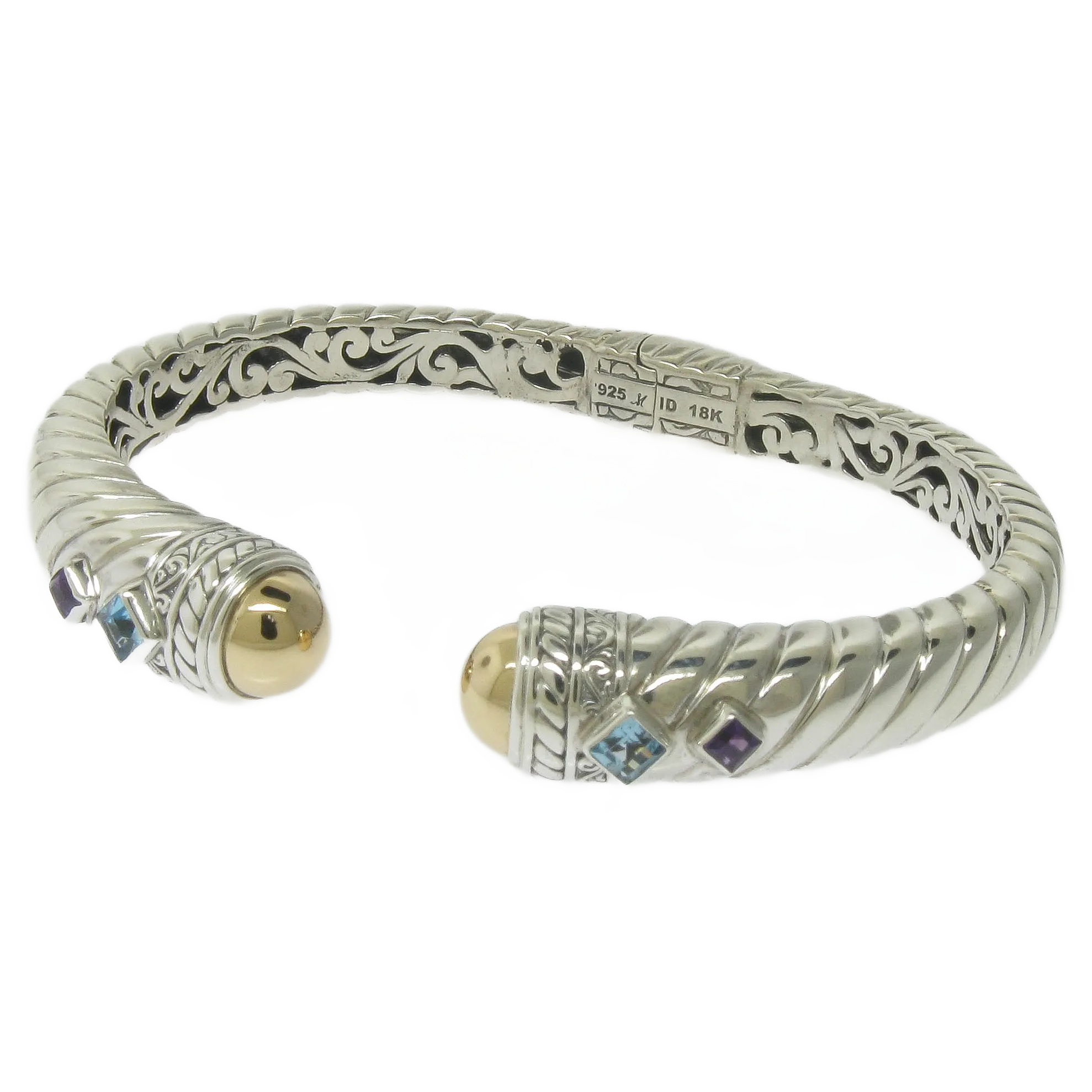 Pre-Owned Robert Manse Silver 18K Gold Hinged Bangle with Blue & Purple Stones