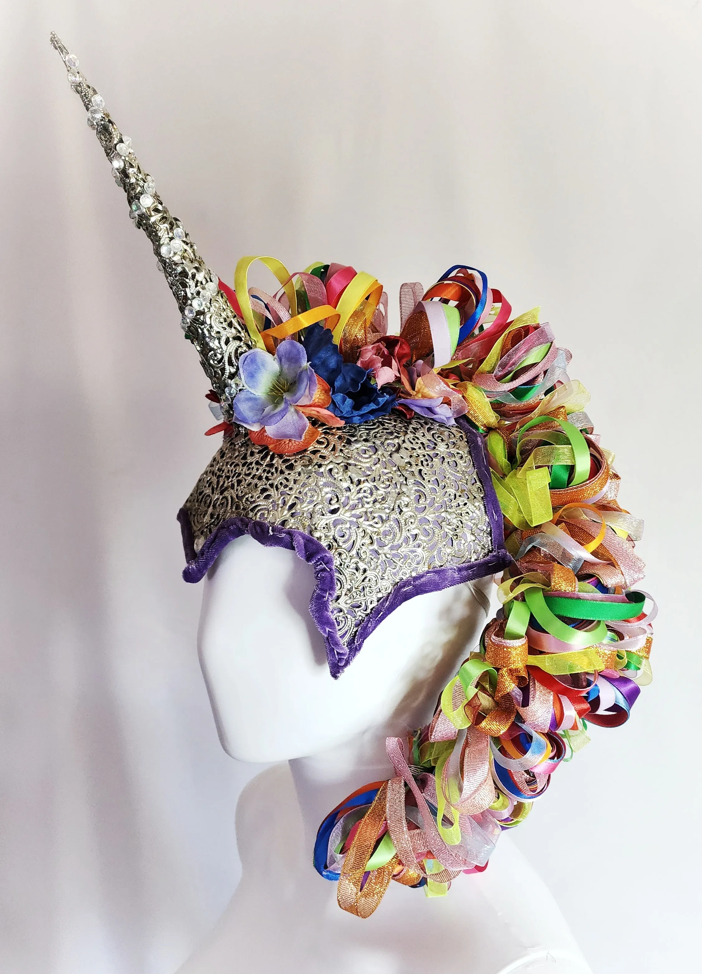 Rainbow Unicorn Headress with Ribbon Mane and Light Up Horn