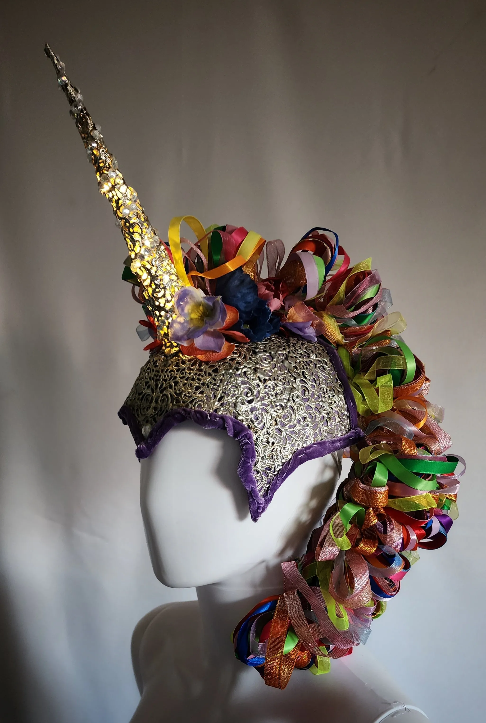 Rainbow Unicorn Headress with Ribbon Mane and Light Up Horn