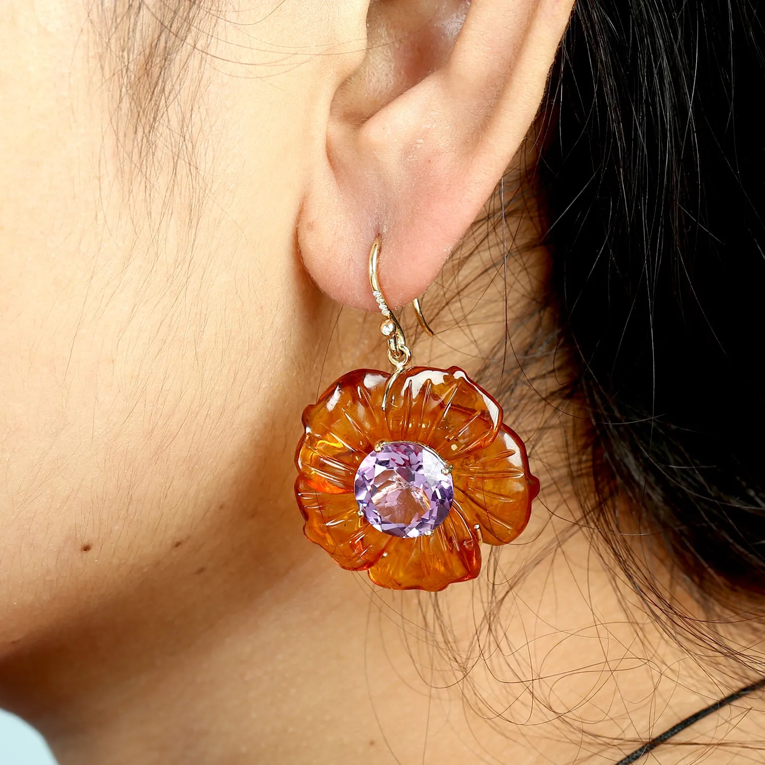 Round Amethyst Carved Amber Pave Diamond 18K Yellow Gold Flower Dangle Earrings Jewelry For Gifts