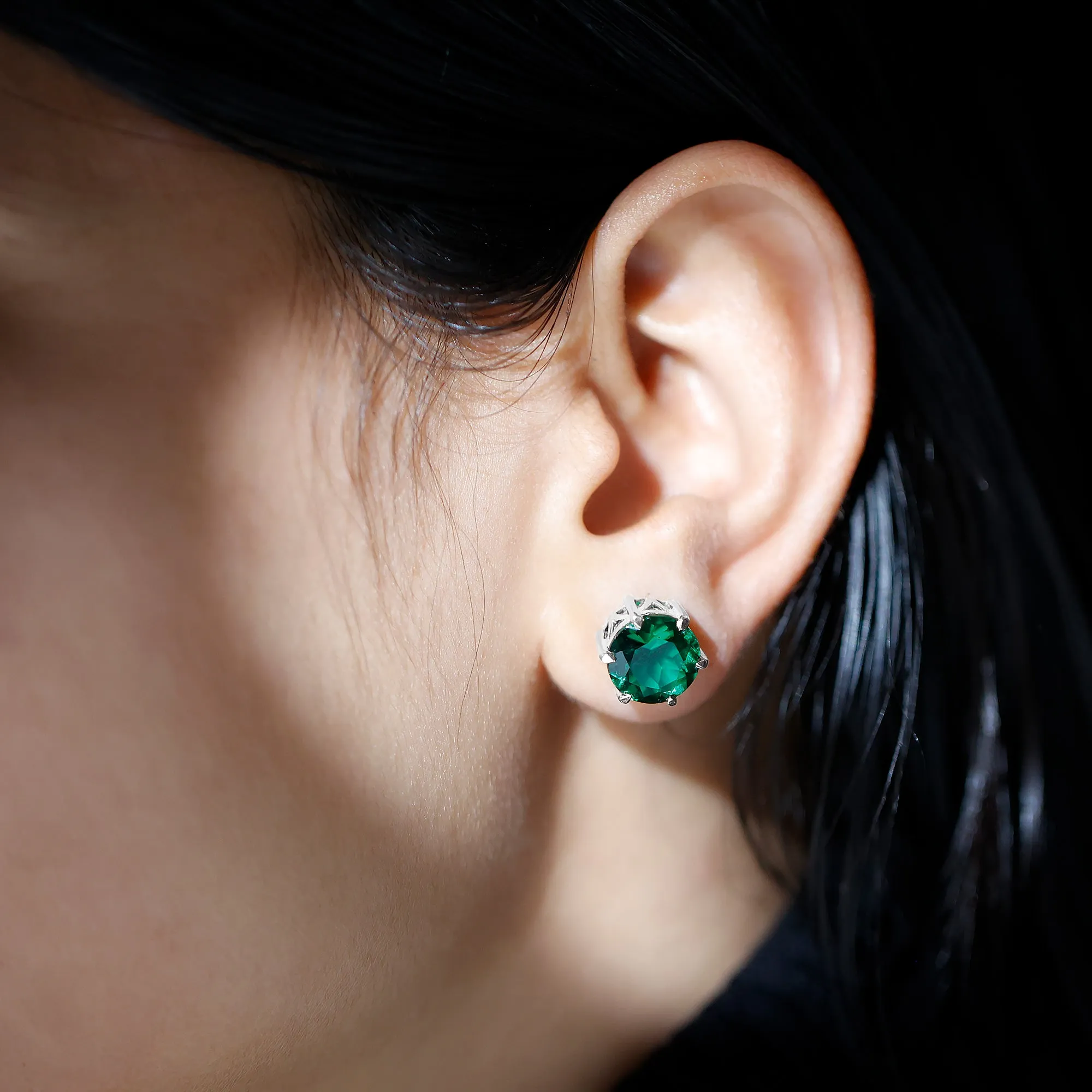 Round Lab Grown Emerald Solitaire Stud Earrings