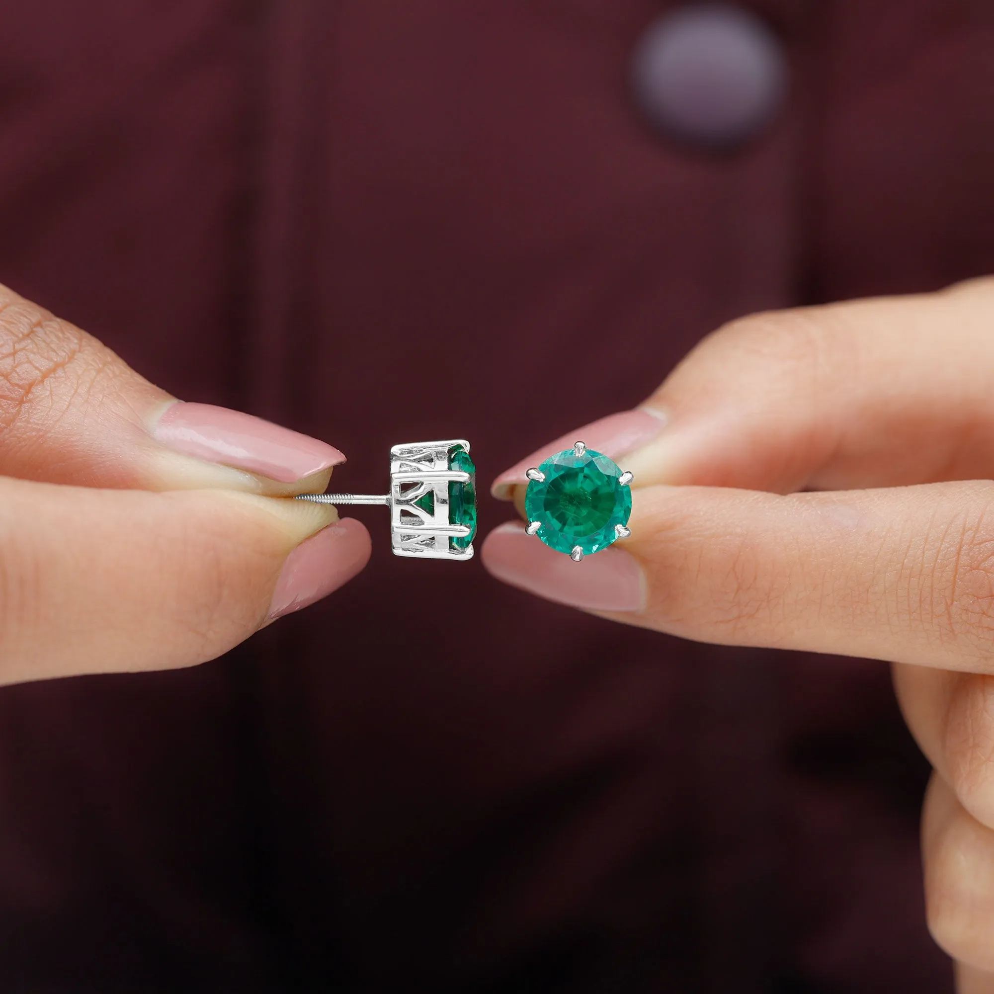 Round Lab Grown Emerald Solitaire Stud Earrings