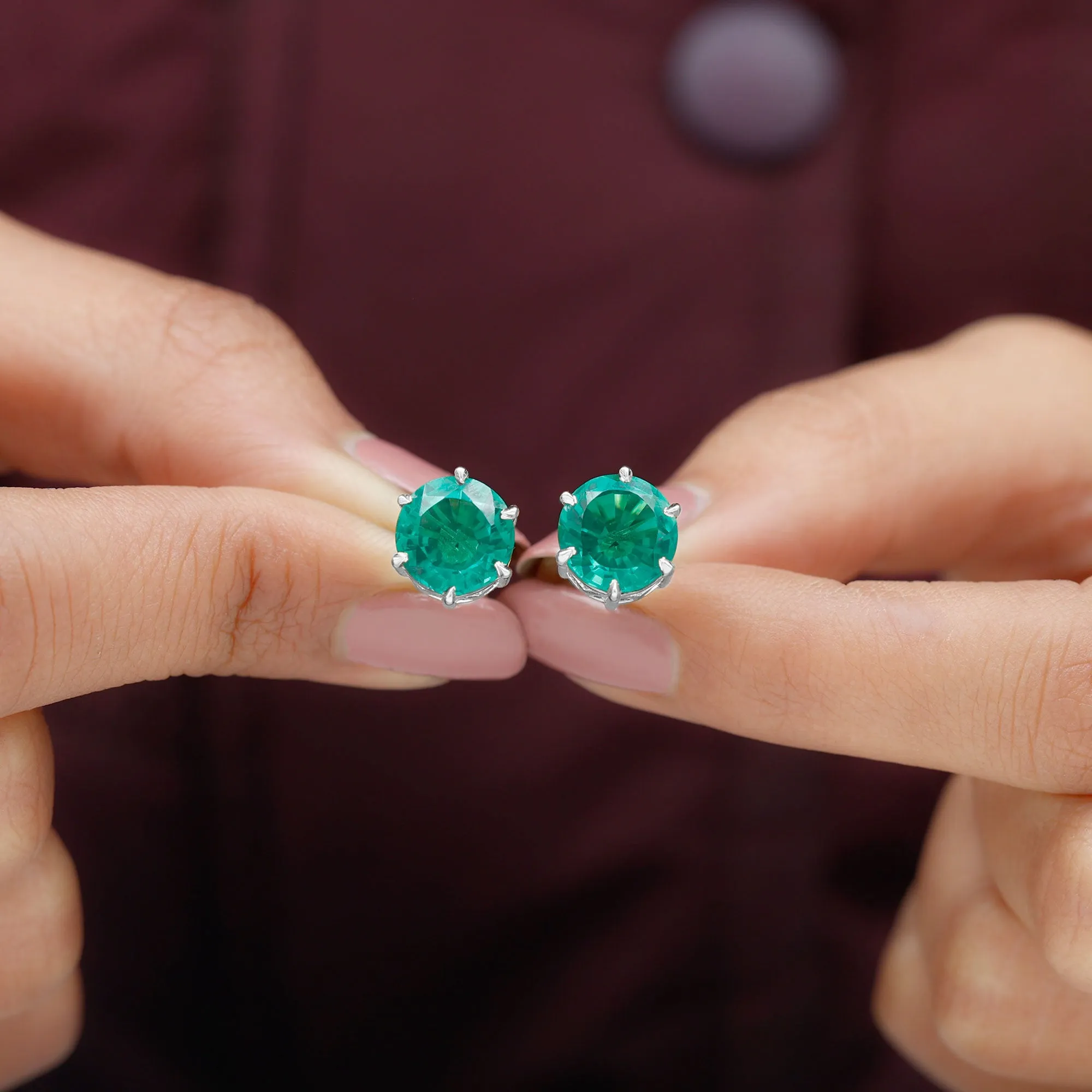 Round Lab Grown Emerald Solitaire Stud Earrings