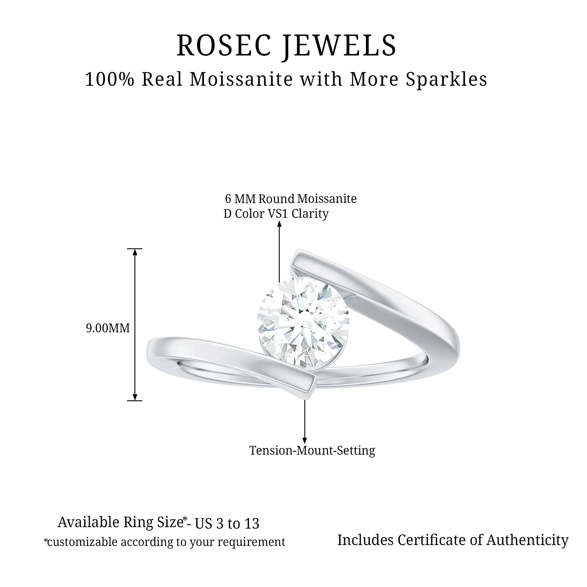 Round Shape Moissanite Solitaire Bypass Gold Ring