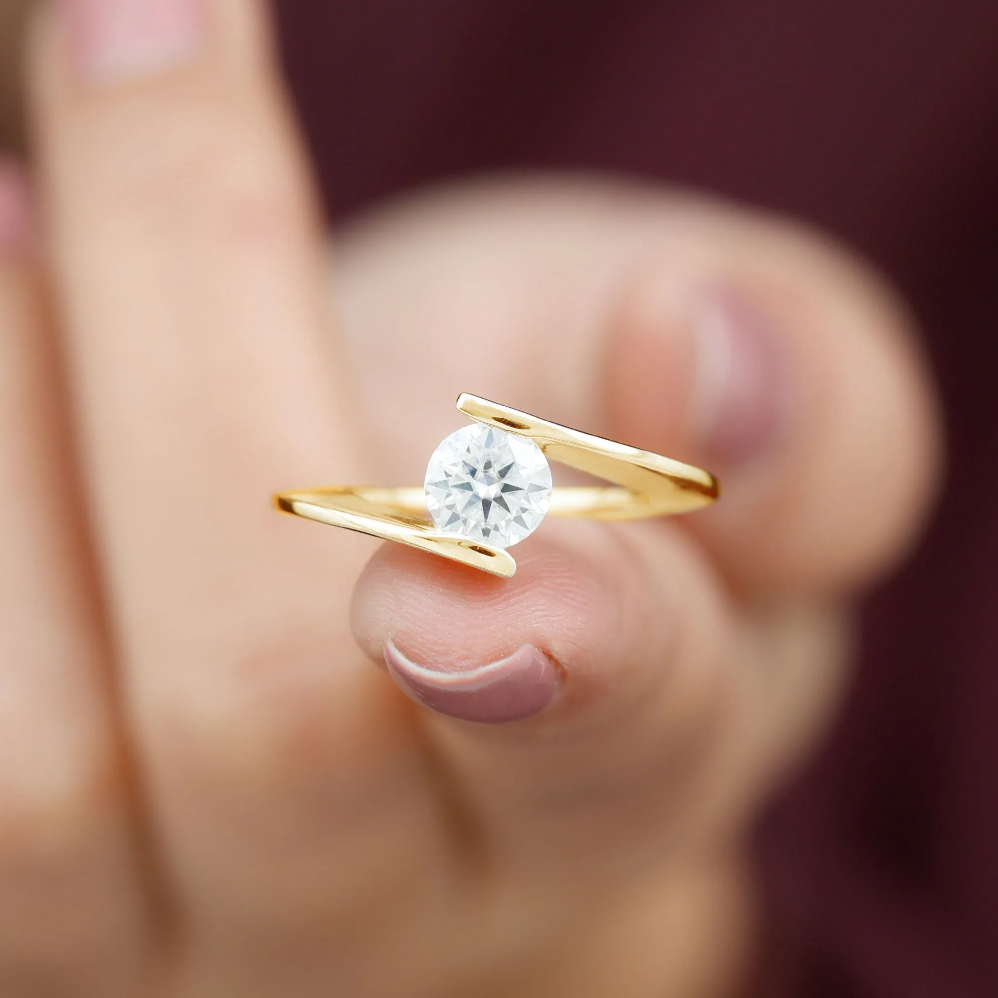 Round Shape Moissanite Solitaire Bypass Gold Ring