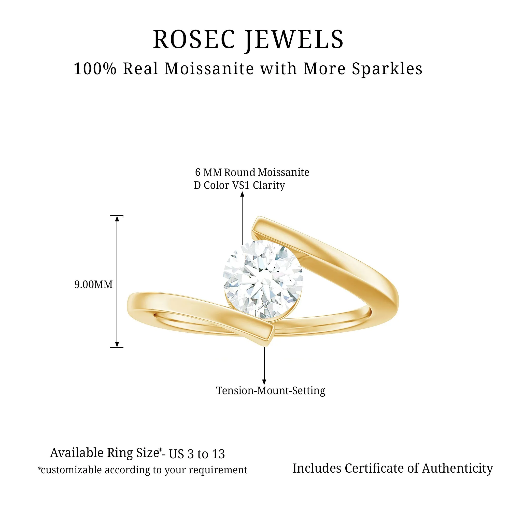 Round Shape Moissanite Solitaire Bypass Gold Ring