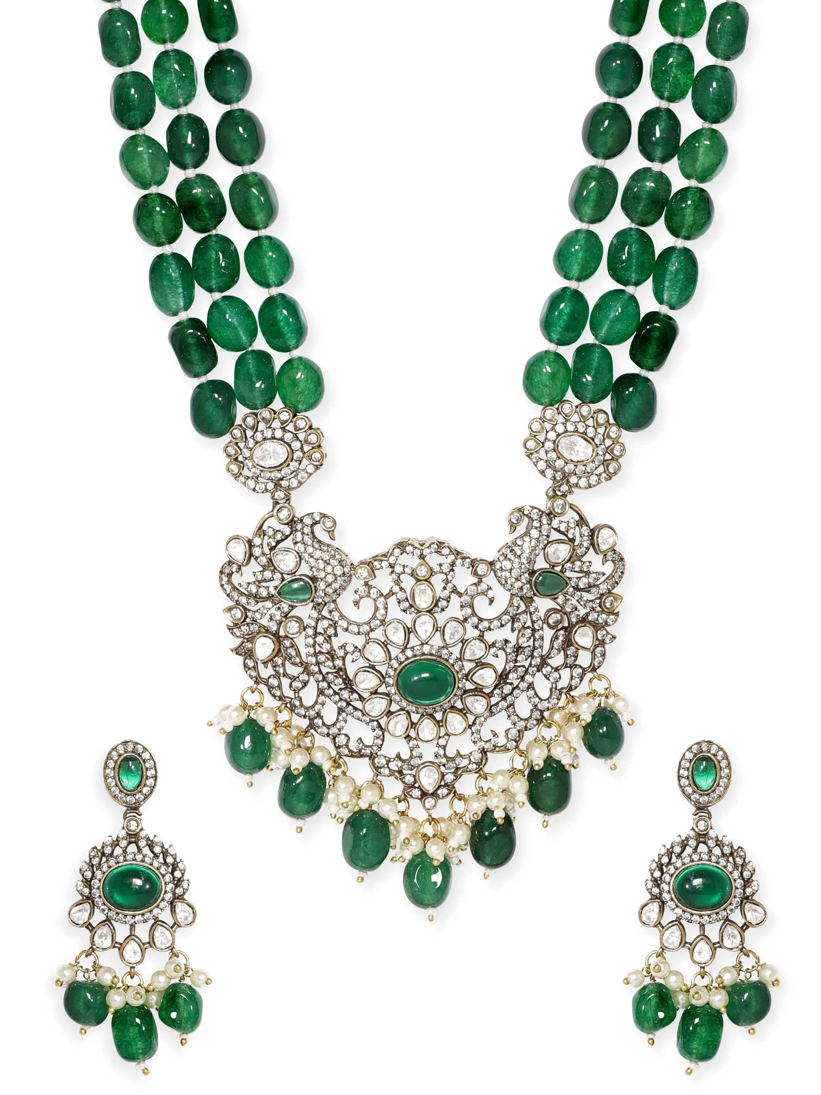 Rubans Antique Gold Plated Emerald Green Beaded Statement Pendant Necklace Set