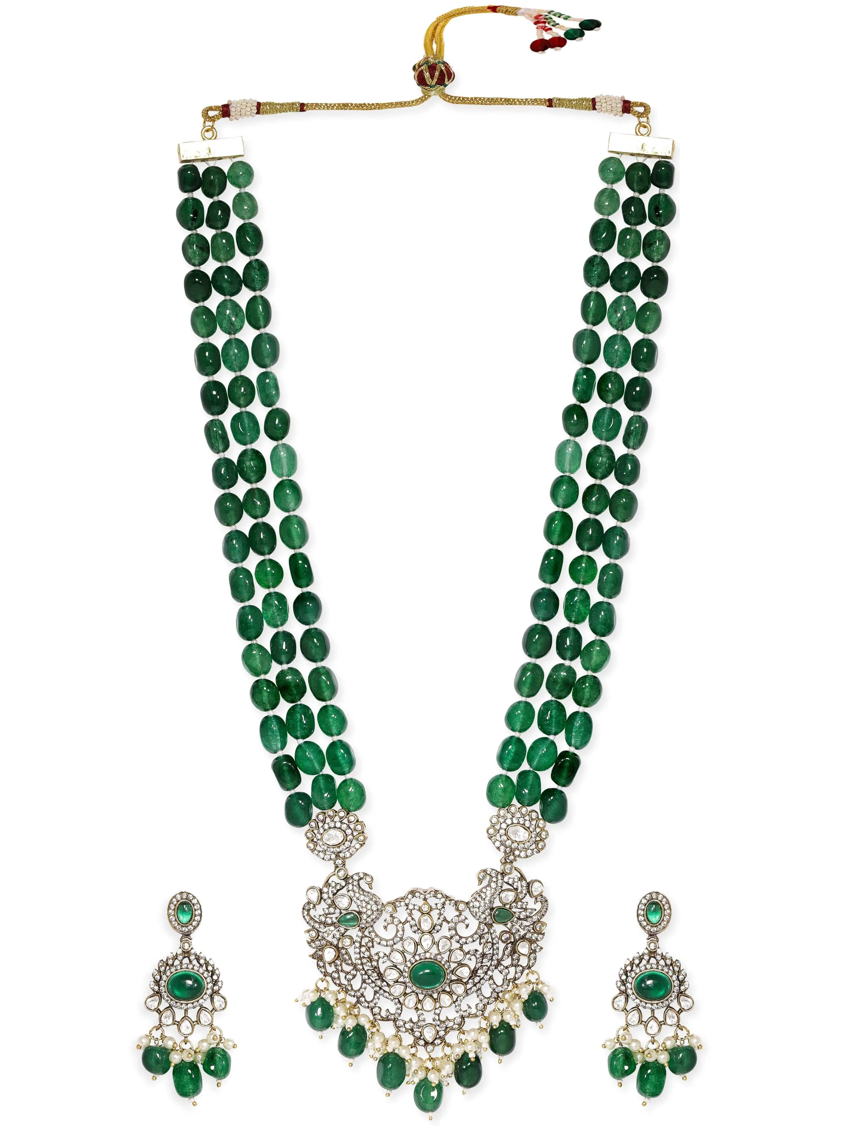 Rubans Antique Gold Plated Emerald Green Beaded Statement Pendant Necklace Set