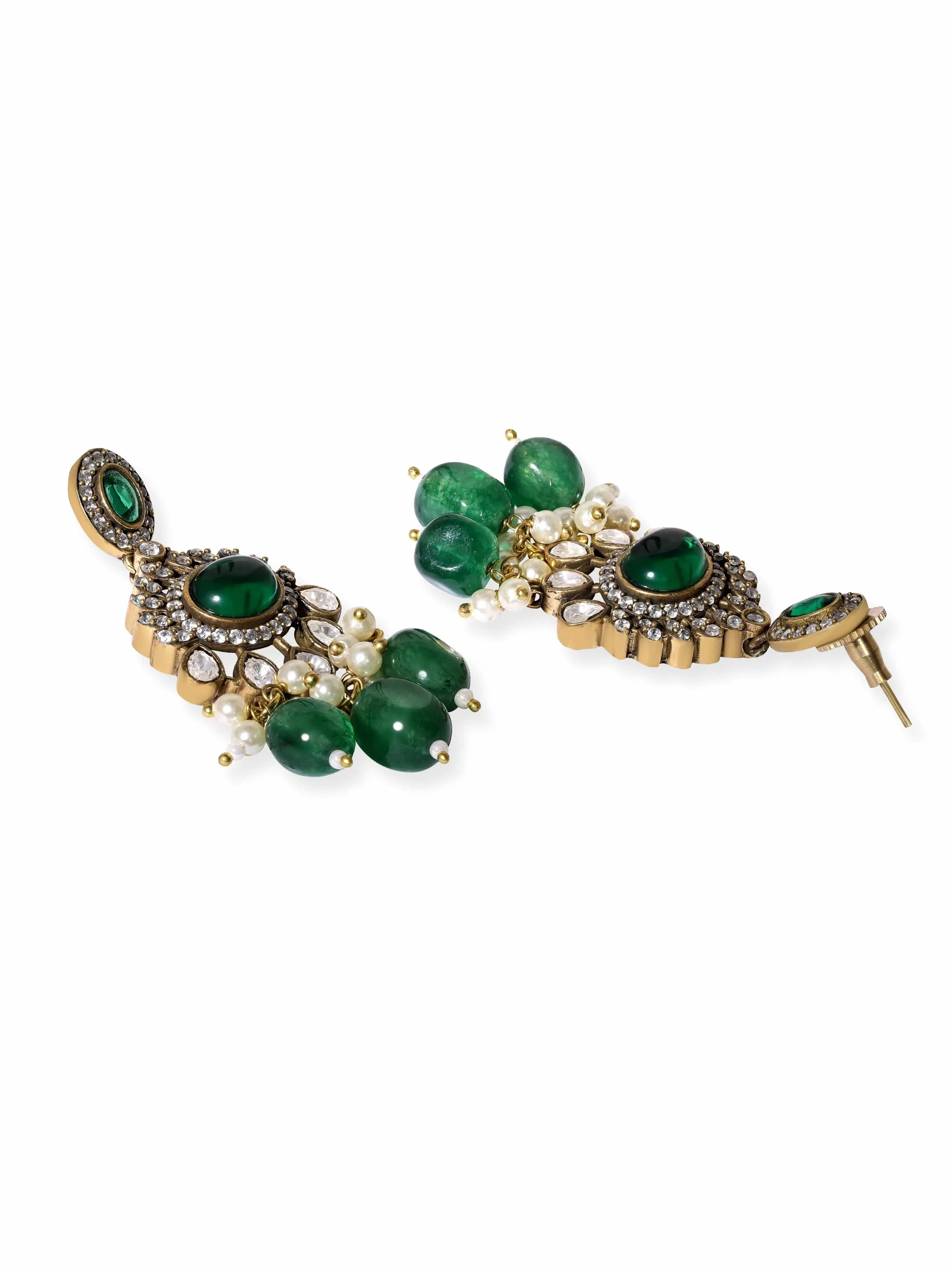 Rubans Antique Gold Plated Emerald Green Beaded Statement Pendant Necklace Set