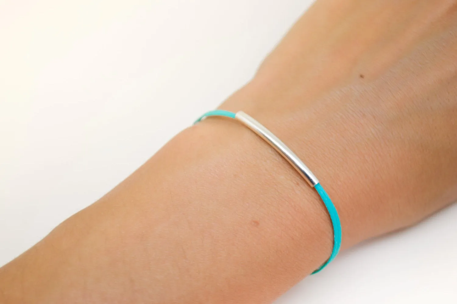 Silver bar bracelet, turquoise cord, minimalist gift for her