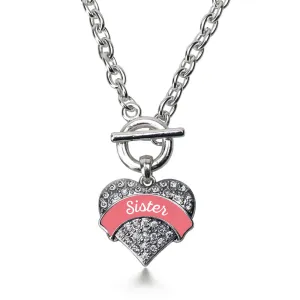Silver Coral Sister Pave Heart Charm Toggle Necklace