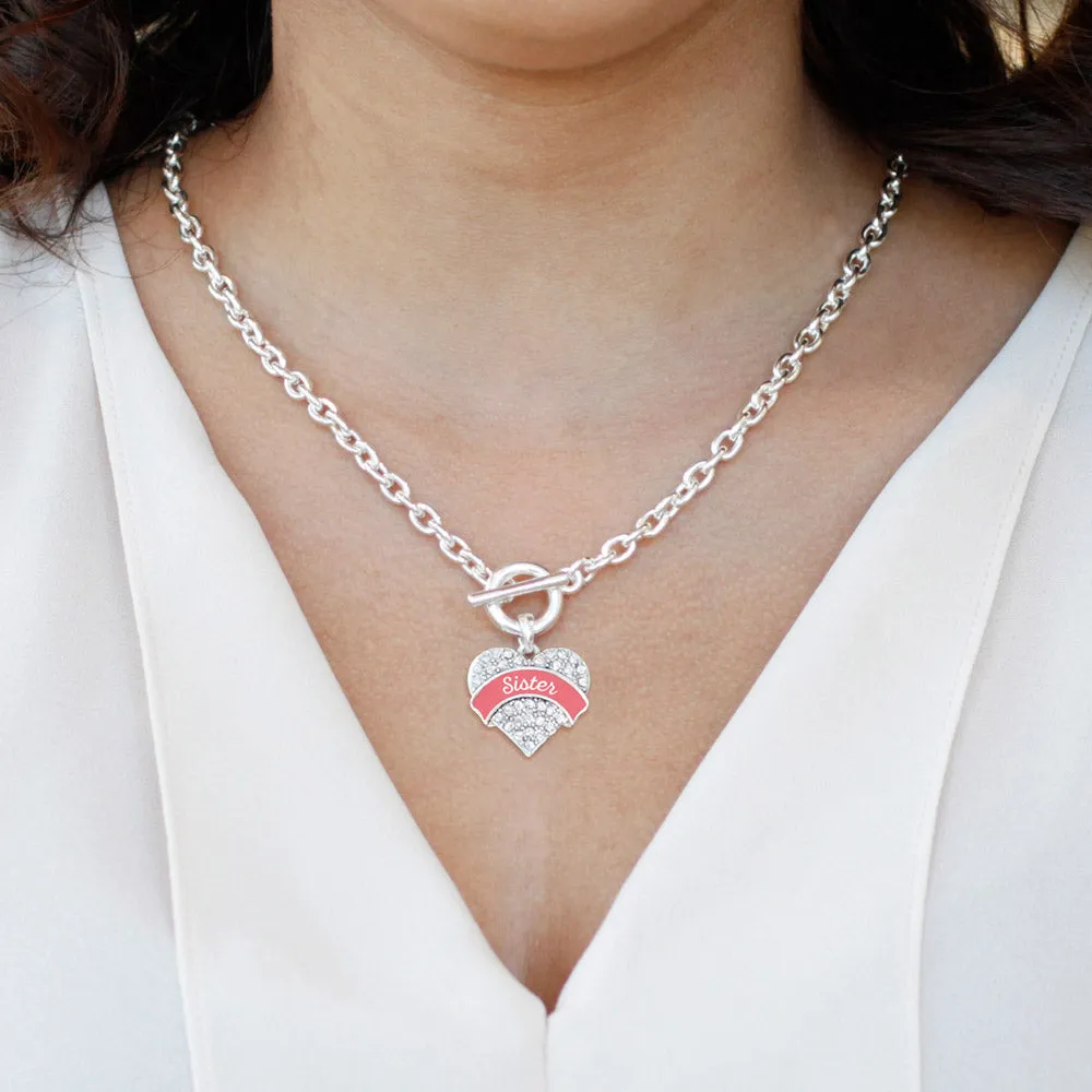 Silver Coral Sister Pave Heart Charm Toggle Necklace