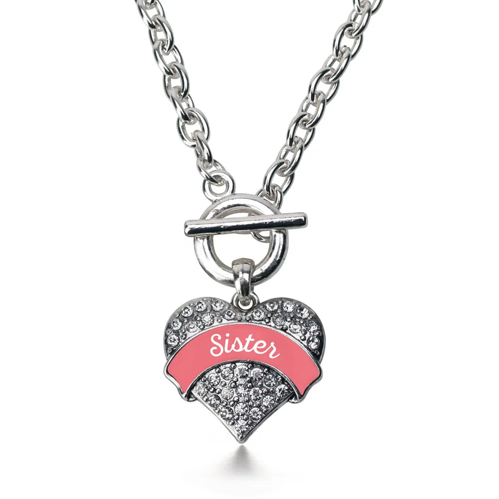 Silver Coral Sister Pave Heart Charm Toggle Necklace