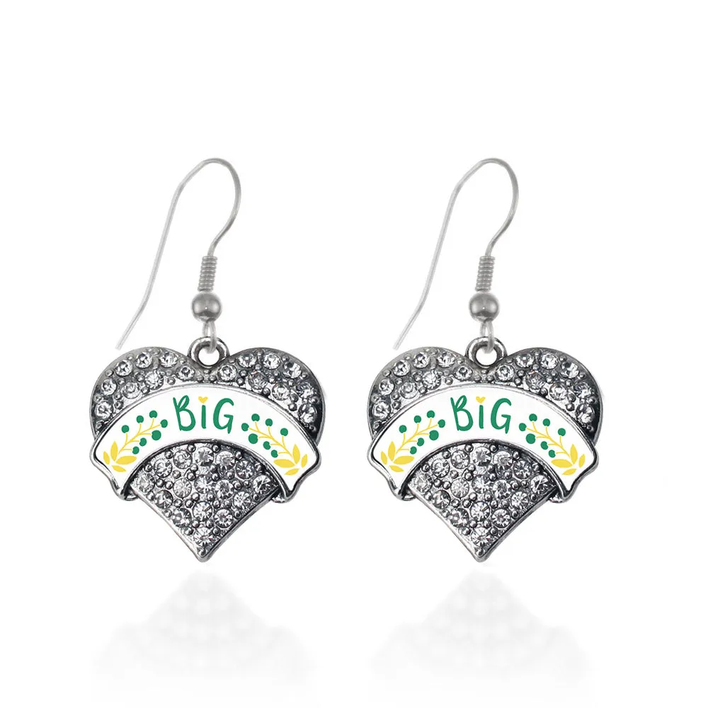 Silver Emerald Green and Canary Yellow Big Pave Heart Charm Dangle Earrings