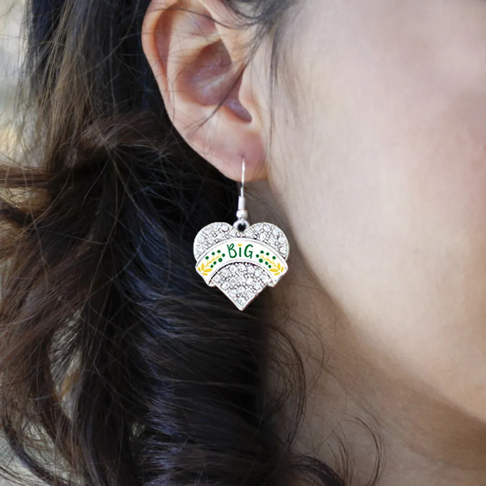Silver Emerald Green and Canary Yellow Big Pave Heart Charm Dangle Earrings