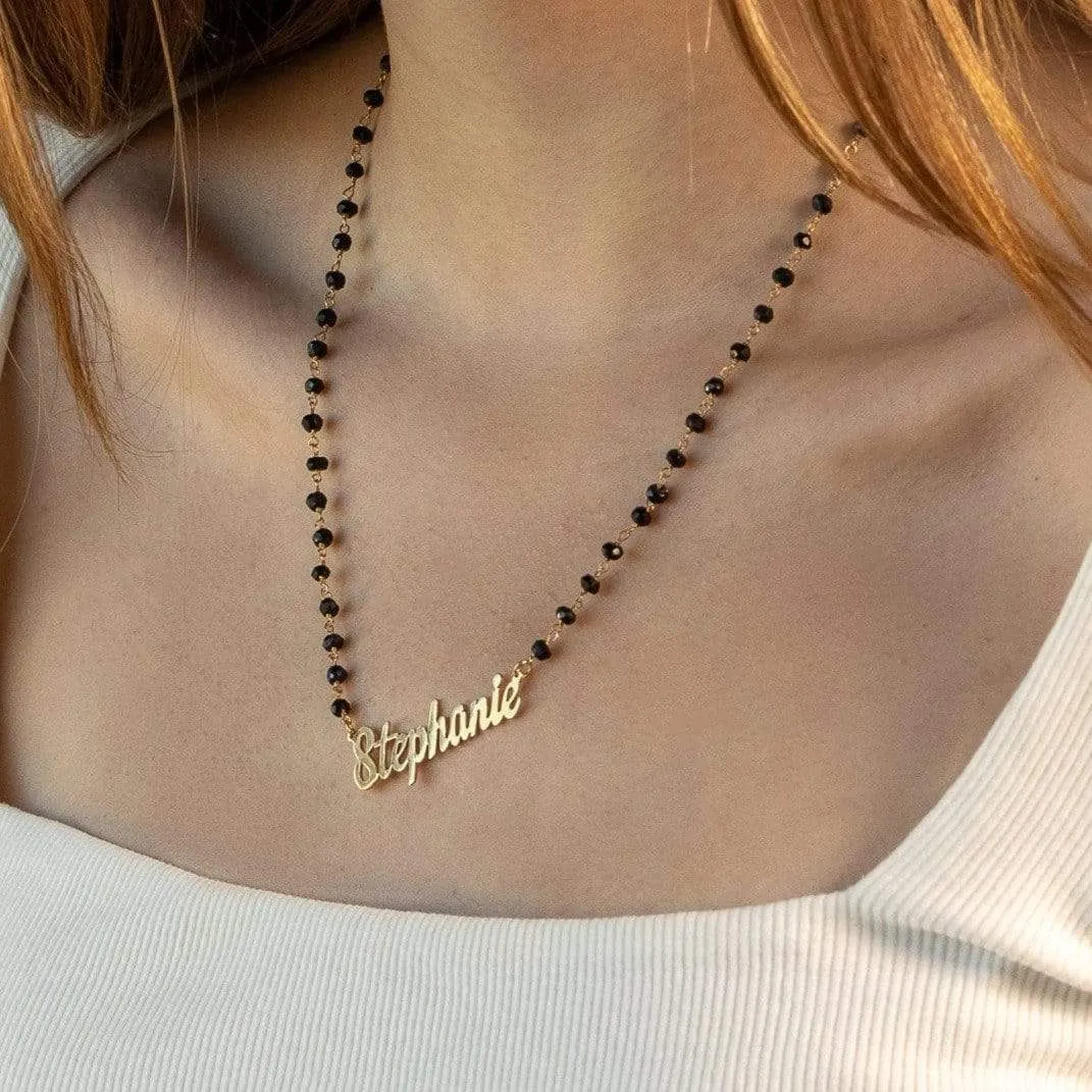 Single Script Name Necklace With Onyx Chain