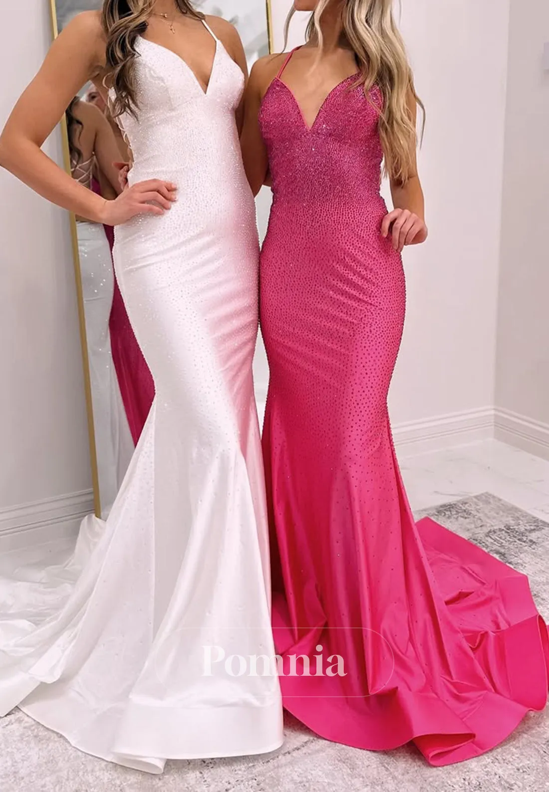 Sparkly Spaghetti Straps V-Neck Prom Dress with Train Sequins Evening Party Dress