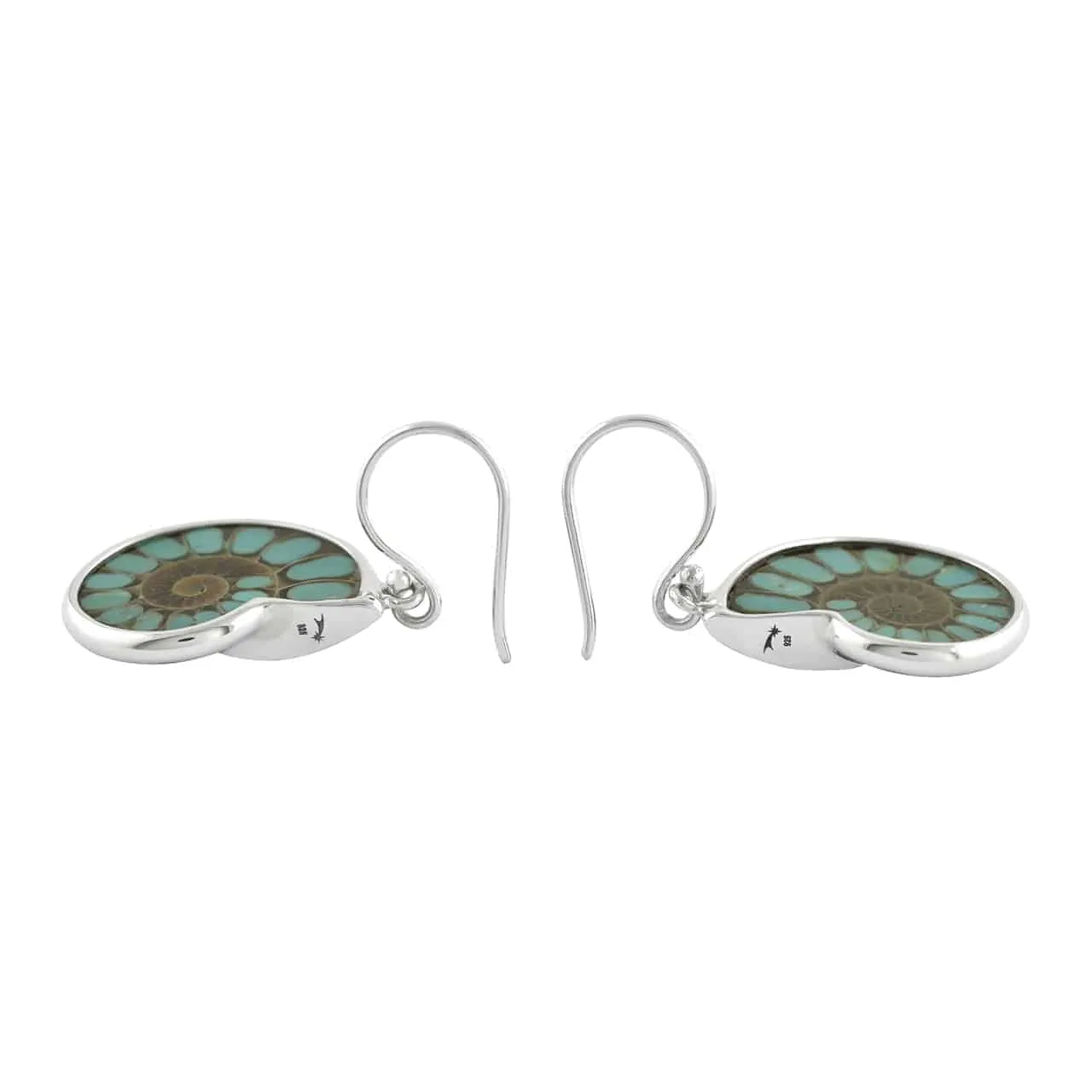 Starborn Ammonite with Turquoise Inlay Earrings in Fine Sterling Silver