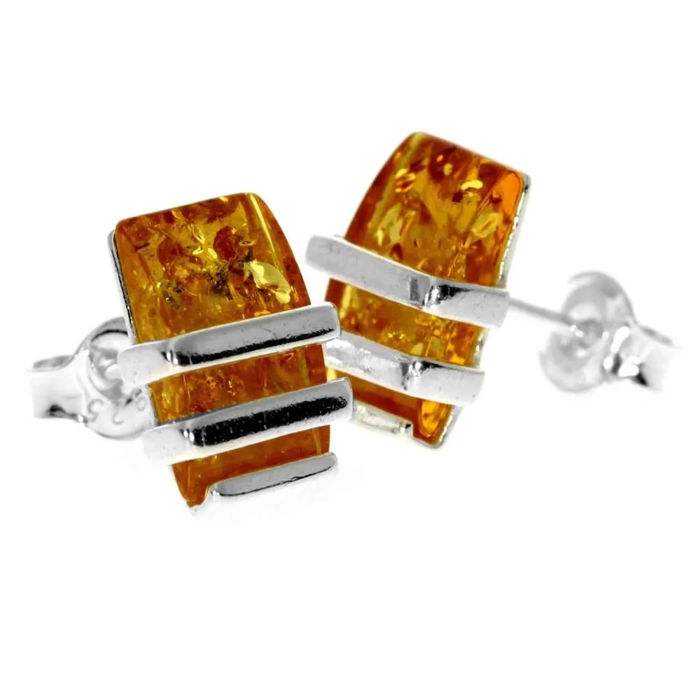 Sterling Silver & Genuine Baltic Amber Rectangular Studs Earrings  - AC009