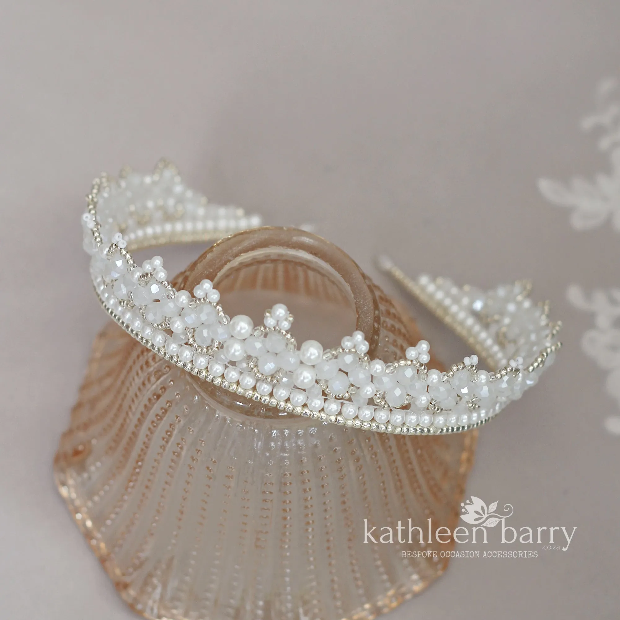 Tessa white beaded crown tiara style - custom colors available
