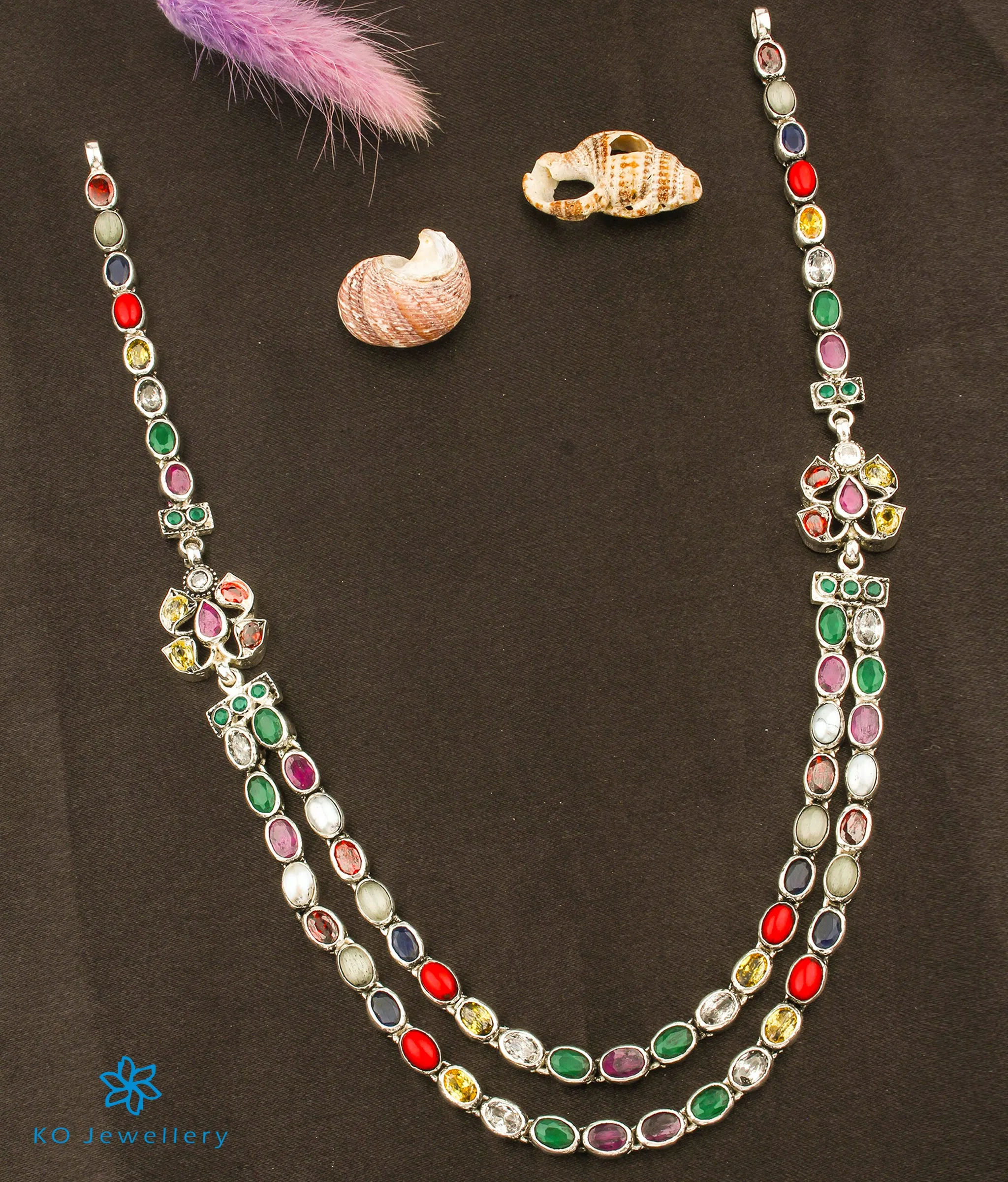 The Advi Silver Navratna Two Layer Necklace (Oxidised)