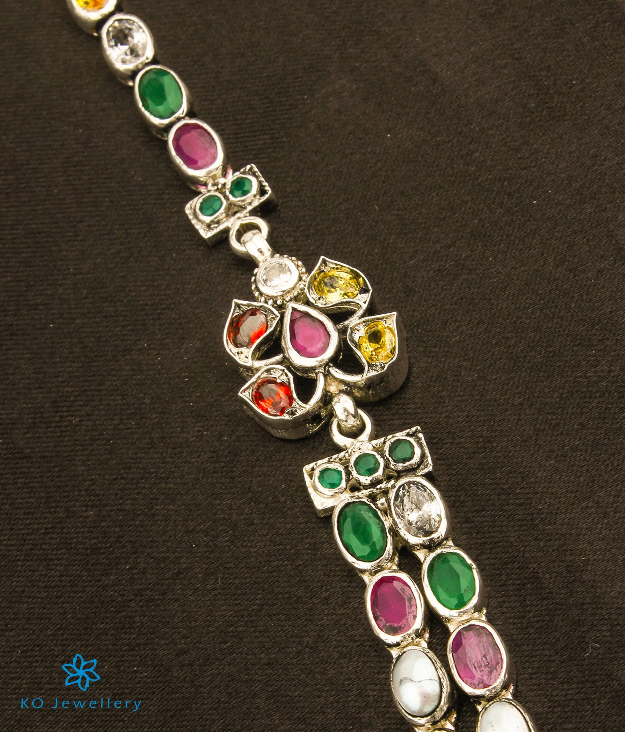 The Advi Silver Navratna Two Layer Necklace (Oxidised)