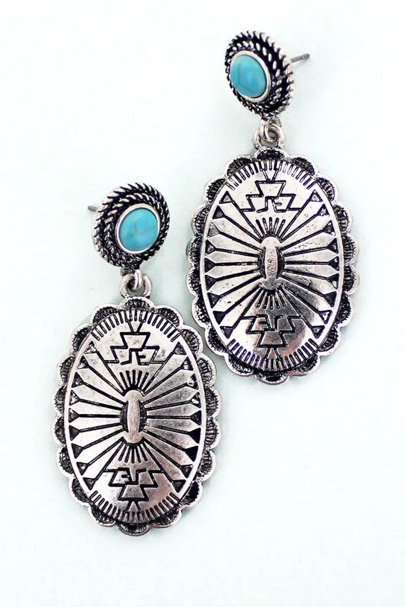 TURQUOISE AND SILVERTONE KODIAK CONCHO EARRINGS