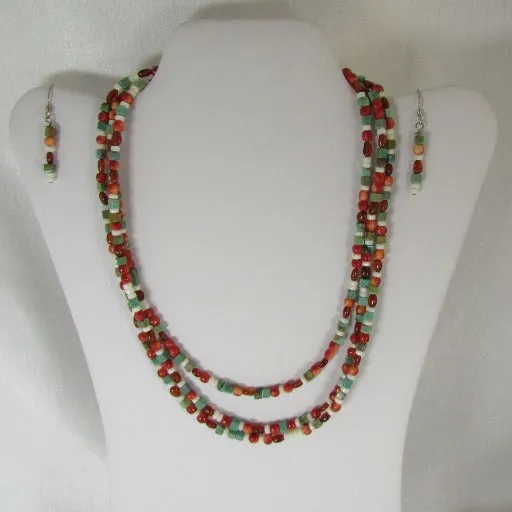 Turquoise, Red & Amber Bead Multi-strand Necklace & Earrings