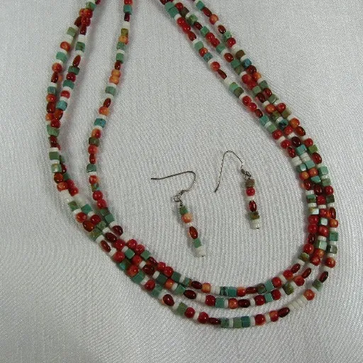 Turquoise, Red & Amber Bead Multi-strand Necklace & Earrings