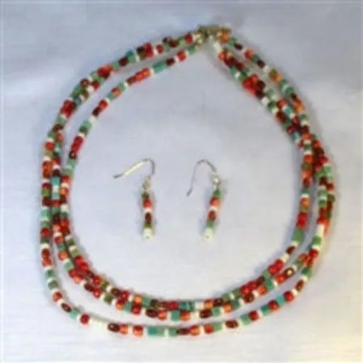 Turquoise, Red & Amber Bead Multi-strand Necklace & Earrings
