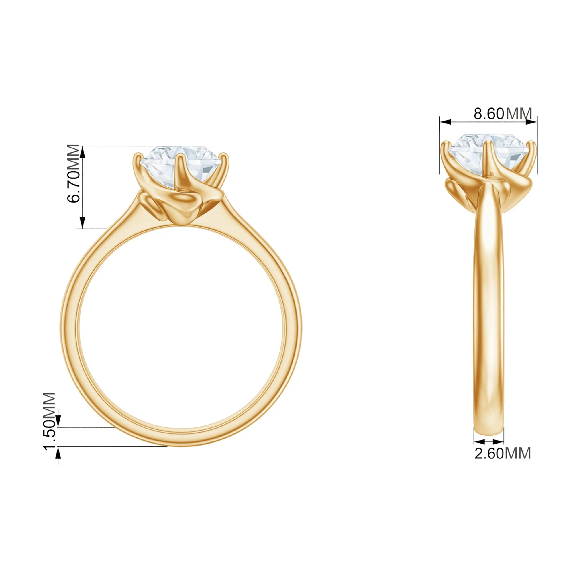 Twisted Prong Set Round Moissanite Solitaire Ring in Gold