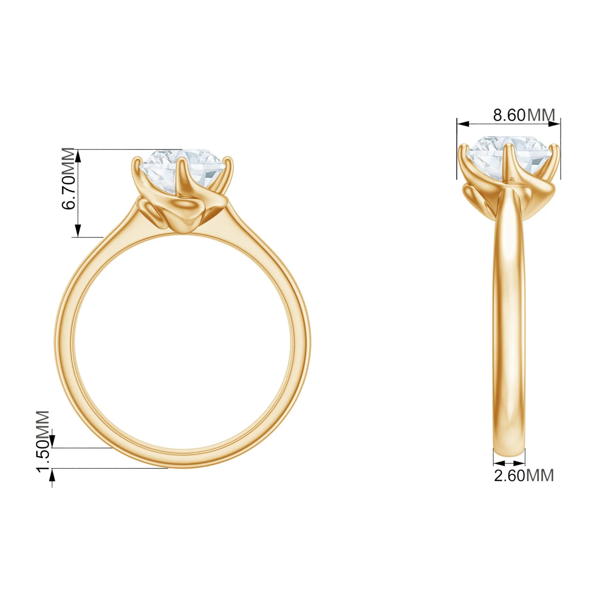 Twisted Prong Set Round Moissanite Solitaire Ring in Gold