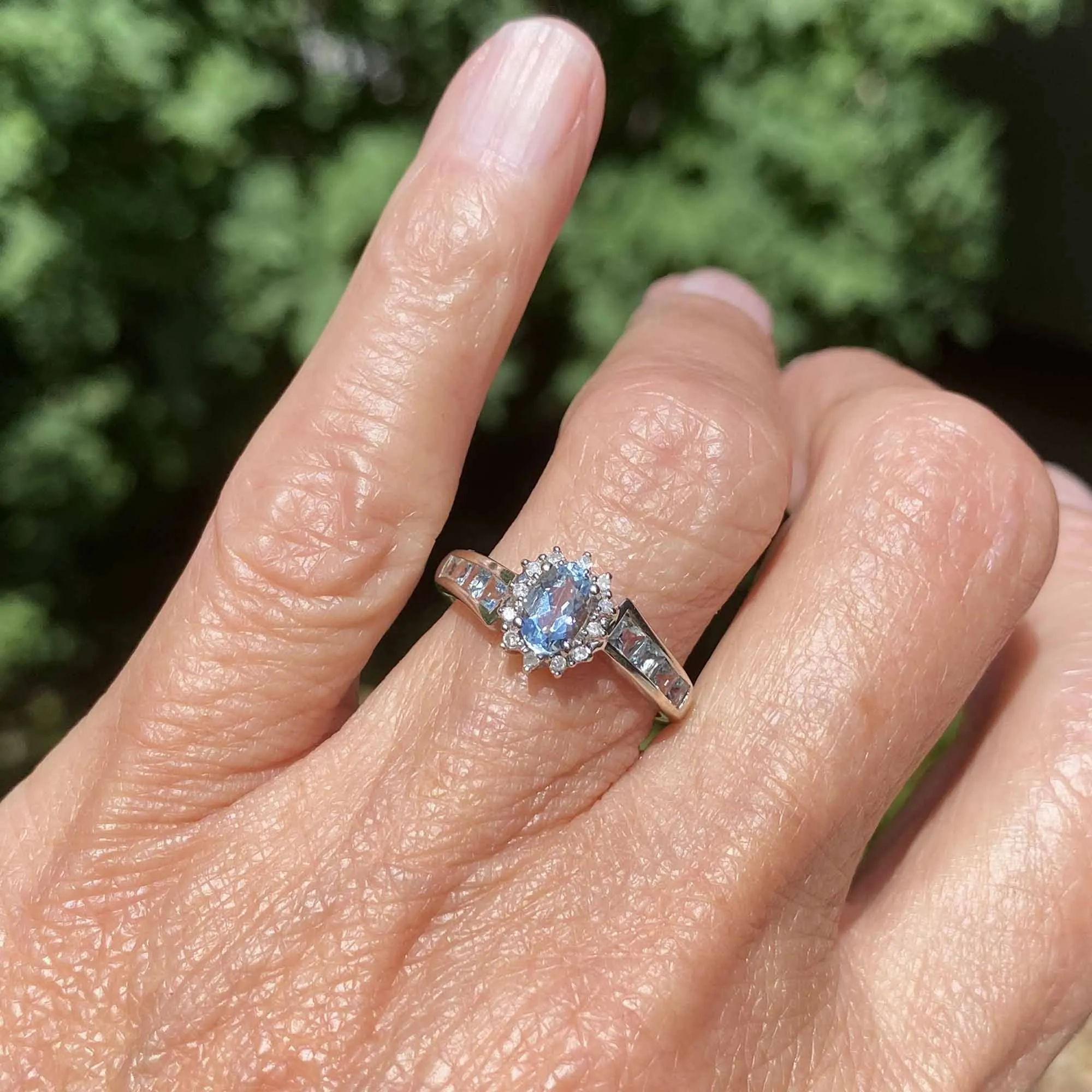 Vintage Diamond Cluster Aquamarine Ring in 10K White Gold