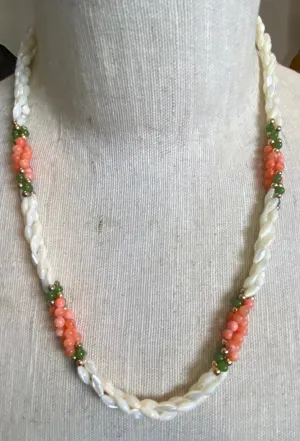 Vintage Twisted Rope MOP Mother of Pearl Jade Coral Necklace
