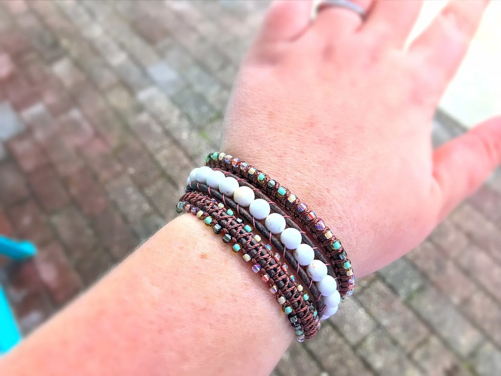 White Turquoise Macrame 3 Wrap Leather Bracelet