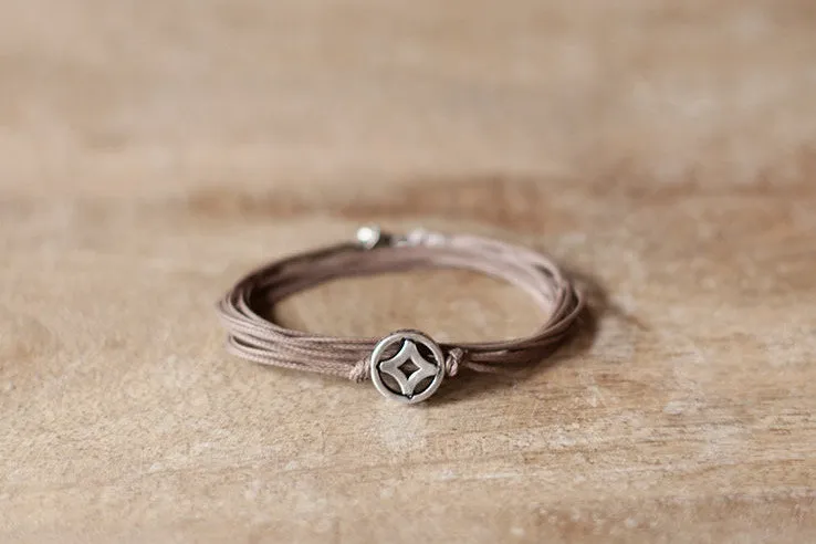 Wrapped bracelet for men with silver circle charm, brown strings