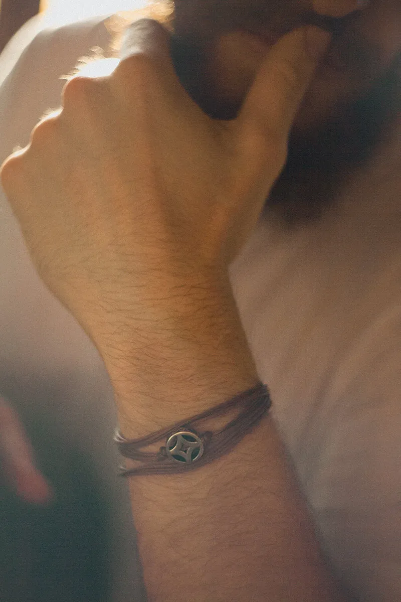 Wrapped bracelet for men with silver circle charm, brown strings